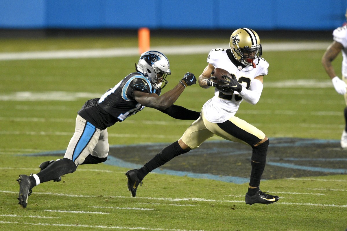 Saints cornerback Marshon Lattimore (23) intercepts a pass intended for Carolina receiver Curtis Samuel (10). Mandatory Credit: Bob Donnan-USA TODAY Sports